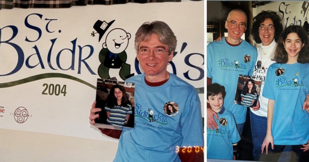 A group of people at a St. Baldrick's event in 2004. They wear blue St. Baldrick's shirts, holding a photo and smiling with pride and warmth.