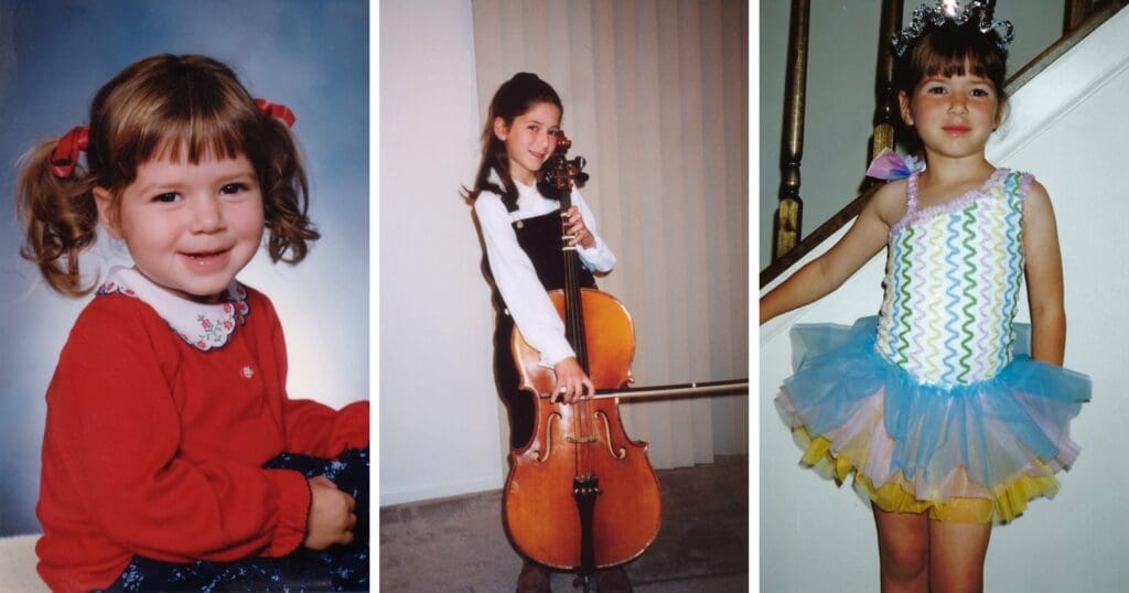 Left: Young girl with pigtails in a red sweater, smiling. Center: Girl playing a cello, dressed formally. Right: Girl in a colorful ballet costume with a crown.