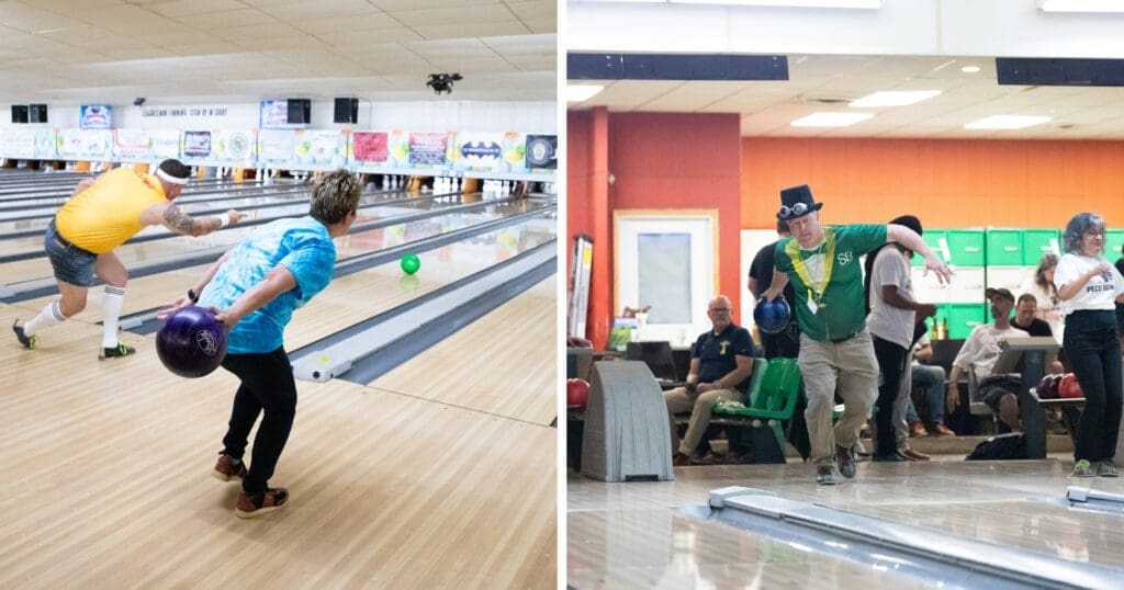 Split image of bowling scenes: Left shows two people bowling in colorful attire with dynamic poses; right shows a lively man in a top hat about to bowl, with an audience watching.