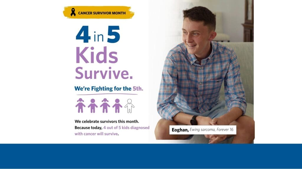 Poster for Cancer Survivor Month by St. Baldrick's Foundation. Left side reads '4 in 5 Kids Survive. We’re Fighting for the 5th.' Right side shows a smiling teen in a plaid shirt, labeled 'Eoghan, Ewing sarcoma, Forever 16.' The theme advocates for cancer research and honors survivors.