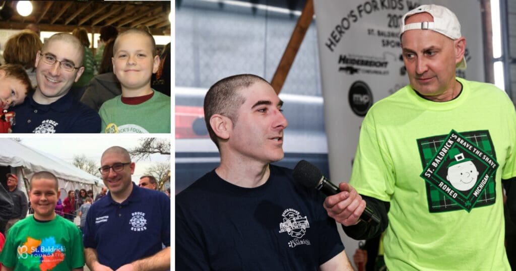 A collage shows two shaved-head men at charity events. They’re smiling, wearing T-shirts with St. Baldrick's logos. The mood is supportive and positive.