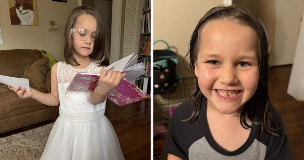 Split image: Left side shows a girl in a white dress, glasses, reading a book in a cozy room. Right side shows a smiling girl missing a bottom tooth with wet hair indoors.