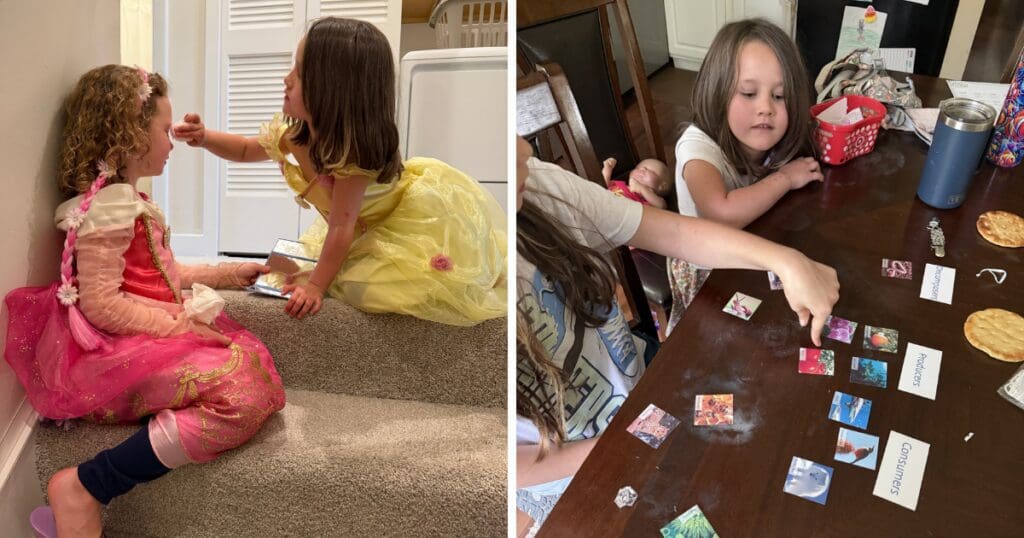 Left: Two young girls in princess dresses playing on stairs; one gently touches the other's nose, smiling. Right: A girl at a table playing a card game with small picture cards, others watching. The scene conveys playful interaction and focus.