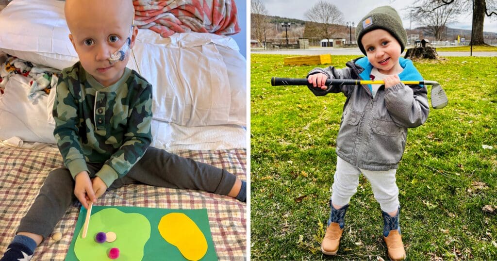 Left: A young child with a nasal tube sits on a bed doing crafts, wearing camouflage pajamas. Right: The same child outdoors, smiling with a small golf club, in a jacket and beanie.