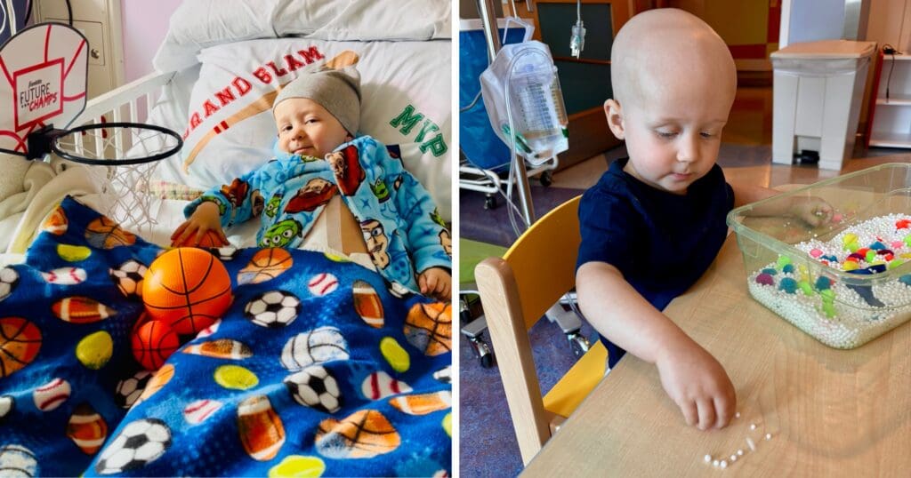 Left: In a hospital room, a child in colorful pajamas and a beanie sits on a bed with a basketball. Right: The same child is at a table plays with beads, focused and calm.