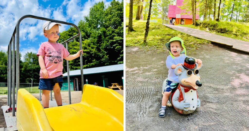 Left: A toddler wearing a white baseball cap, pink T-shirt, and shorts stands at the top of a bright yellow playground slide on a sunny day, looking off into the distance. Right: The same toddler smiling and wearing a green sun hat rides a spring-mounted playground animal on a paved path surrounded by trees, with a colorful playhouse in the background.