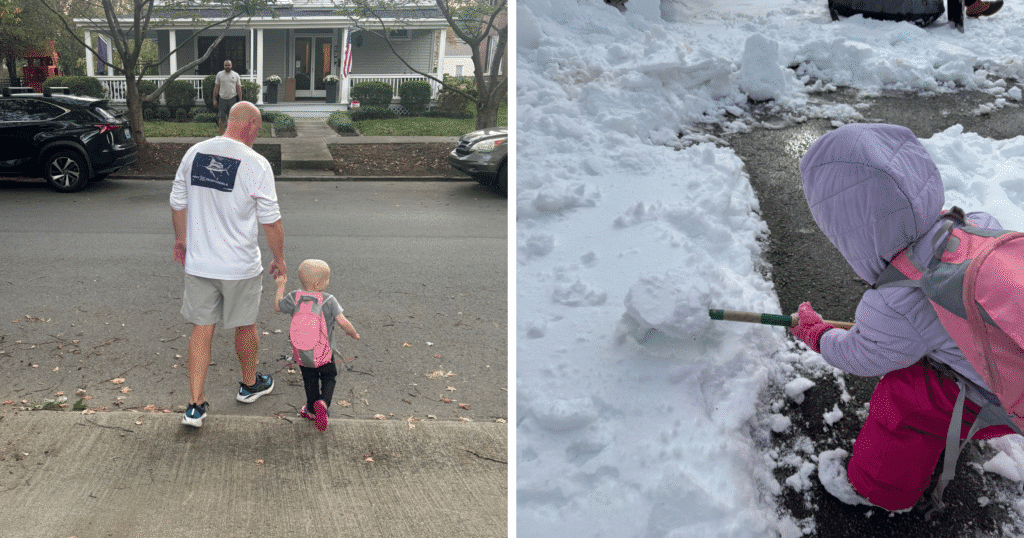 Two images - one shows a man and a child crossing the street; the other shows a young girl having fun in the snow, engaging in playful activities and enjoying the winter weather.