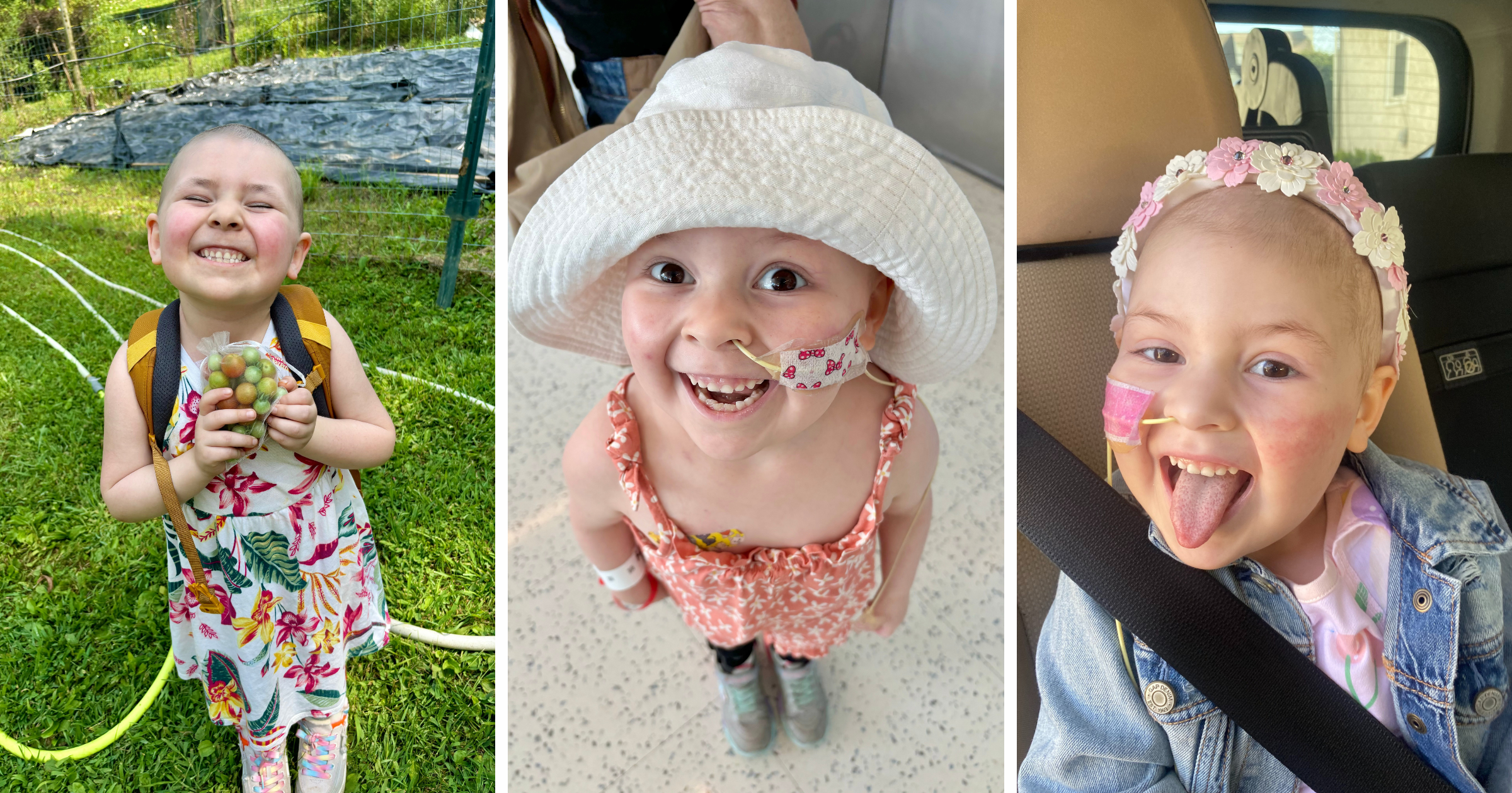 A joyful child in three poses: holding grapes on grass, wearing a sun hat indoors, and in a car with a floral headband, smiling and playful.