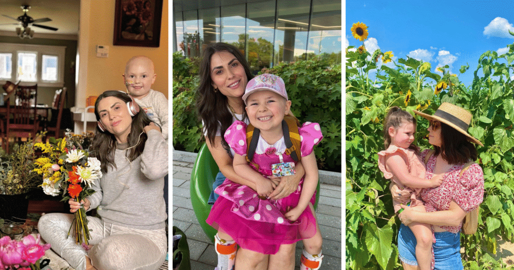 A joyful collage of three images showing a woman with her daughter. They smile among colorful flowers and lush greenery under a bright, sunny sky.