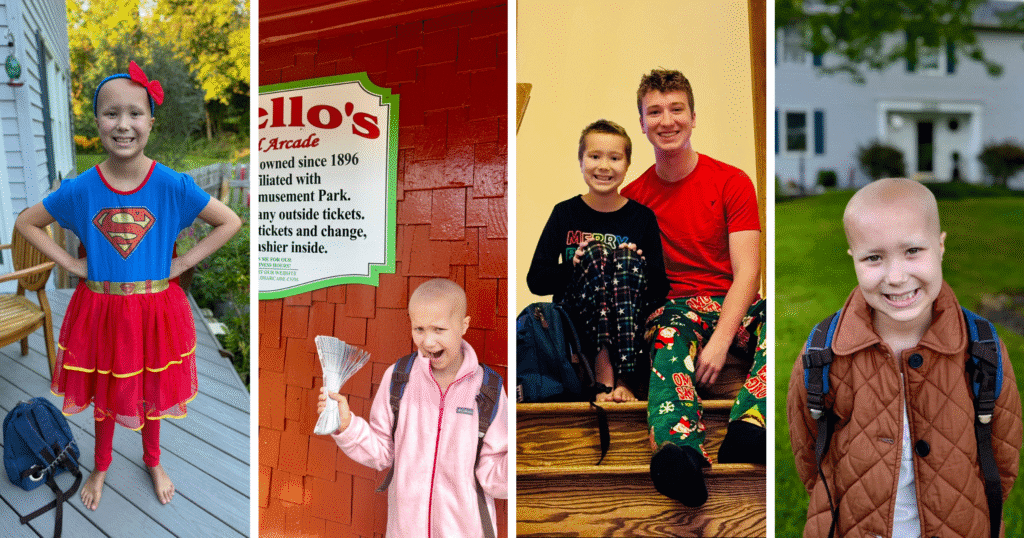 Four images of a little girl in various outfits, one image of her and a young man dressed in Christmas festive attire.