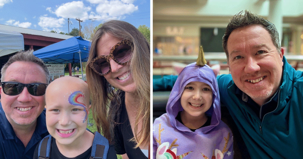Two images of a man and woman posing with their children, smiling together in a family setting.