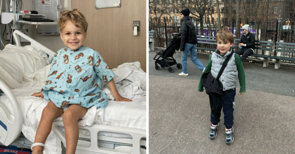 Two images show a boy first in a hospital bed and then at a park, highlighting his progress and strength.