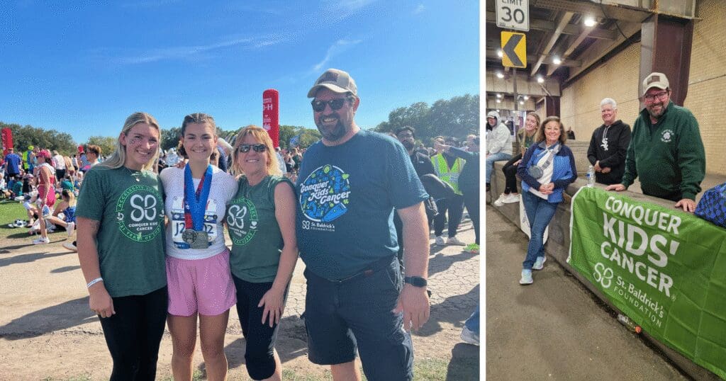 Two photos: Left shows a smiling group of four at an outdoor event, one wearing a medal; right shows people behind a "Conquer Kids' Cancer" banner indoors, smiling warmly.