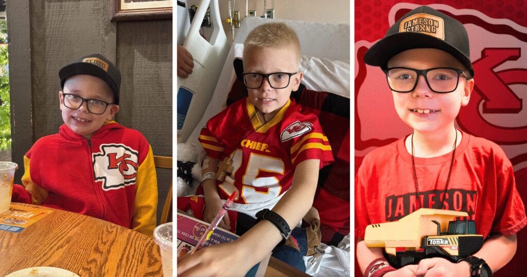 Three photos of a young boy wearing Kansas City Chiefs gear, including a cap and jersey. He looks happy, sitting at a table, in a hospital, and at an event.