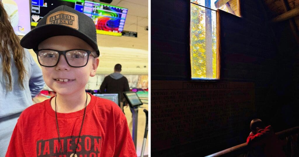 Split image: Left side shows a smiling child in glasses, wearing a black cap and red shirt, at a bowling alley. Right side shows a dark room with a bright window and a young boy praying