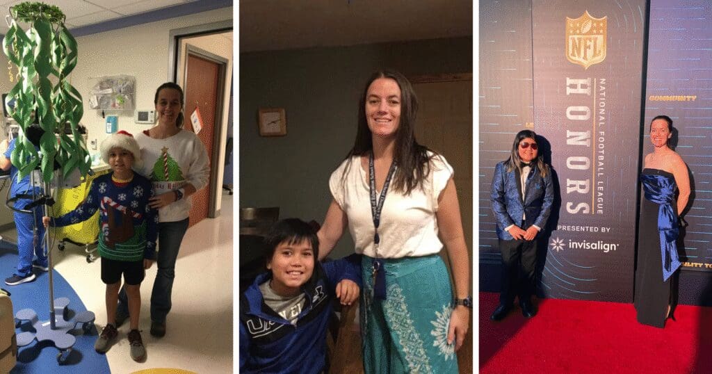 A collage of three images: a woman and a child in a holiday-themed hospital setting; the same pair smiling indoors, casually dressed; the same pair at a formal NFL event on a red carpet.