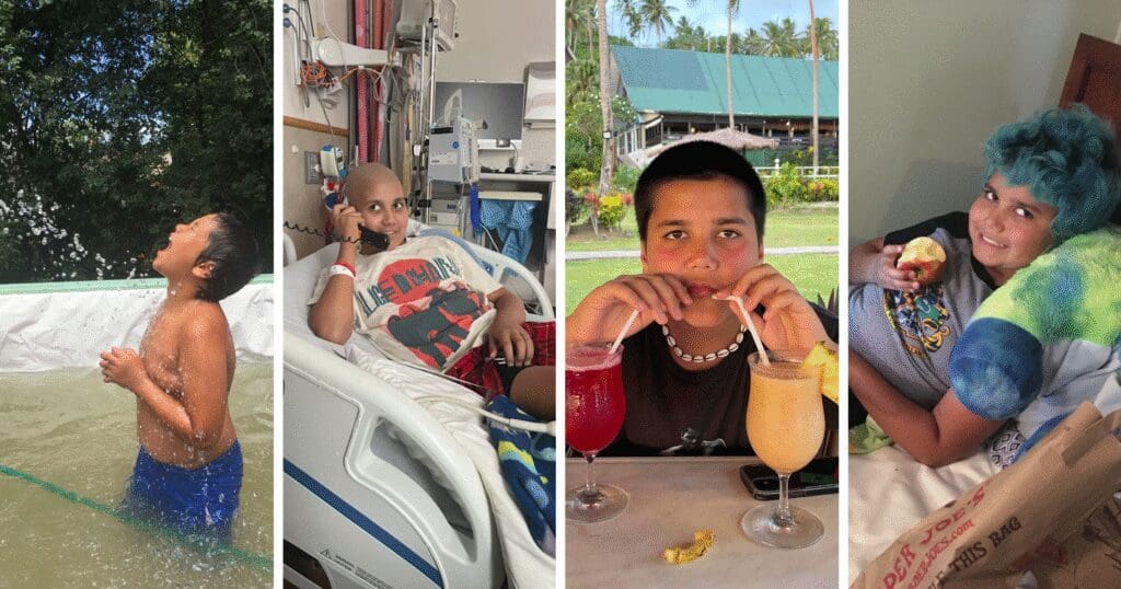 A four-panel image shows a boy enjoying playful water fun, resting in a hospital bed, sipping colorful drinks with a tropical backdrop, and relaxing with snacks, conveying joy, resilience, leisure, and contentment.