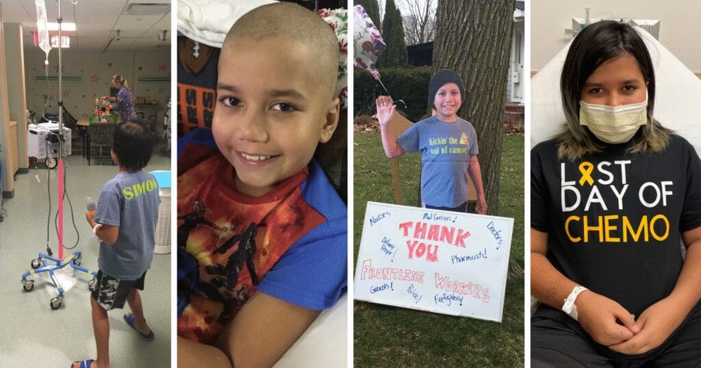 A series of four images showing a young child during cancer treatment and recovery. First, the child stands with an IV pole in the hospital. Second, they smile while sitting in bed with a shaved head. Third, they're outdoors with a sign saying "Thank You Frontline Workers." Fourth, the child, now with longer hair, wears a "Last Day of Chemo" shirt and a mask, sitting on a hospital bed. The images convey resilience and gratitude.