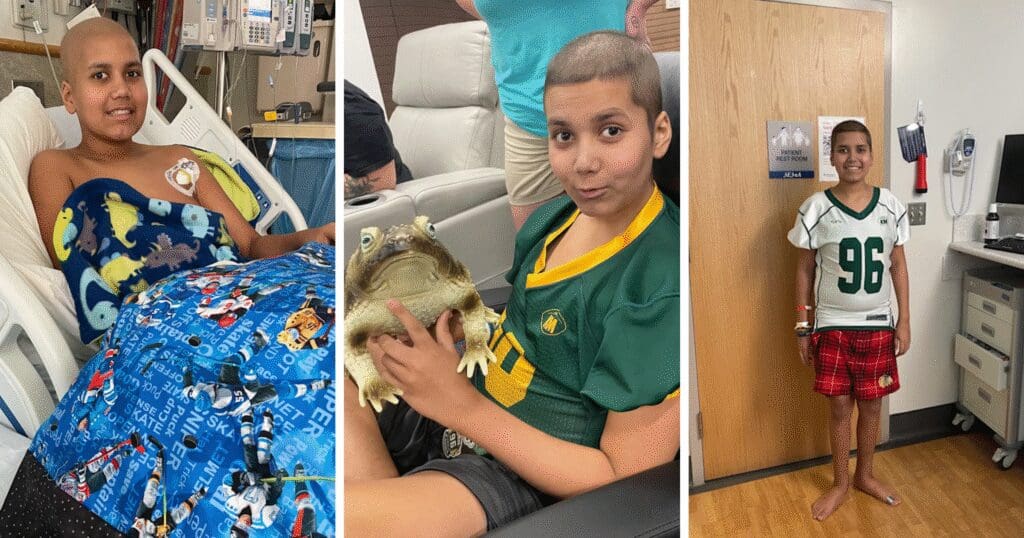 A young person with a shaved head in three different hospital settings: in bed with a blanket, holding a large frog, and smiling in a sports jersey. The mood appears hopeful.