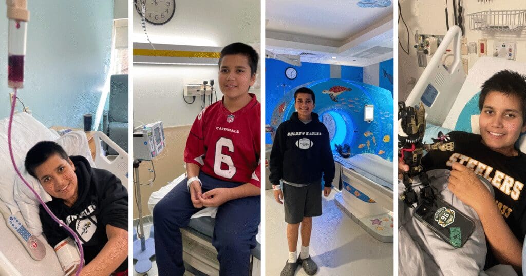 A young boy in four hospital scenes: lying in bed with an IV, sitting in a football jersey, standing by an MRI machine, and smiling in bed with a toy. He appears positive and resilient.
