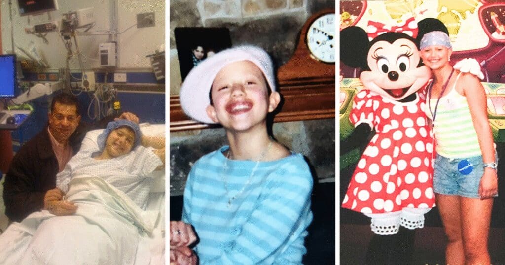 A collage of three images: a person in a hospital bed with a supportive man beside them, smiling in a beret indoors, and posing joyfully with Minnie Mouse at a theme park.