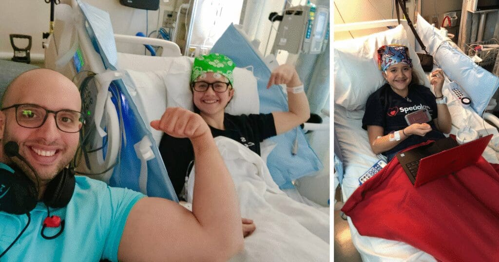 Two photos side by side. Left: A smiling man and a woman in hospital bed flex their arms. Right: A smiling woman in bed uses a laptop, wearing a colorful bandana. Both images convey positivity and resilience.