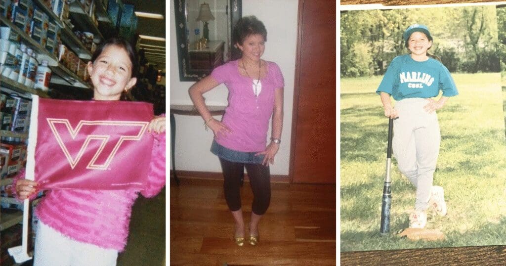Three-photo collage: Left shows a smiling girl holding a VT flag in a store. Center has a woman in a pink top posing indoors. Right shows a young girl in a teal baseball uniform holding a bat on a grassy field.