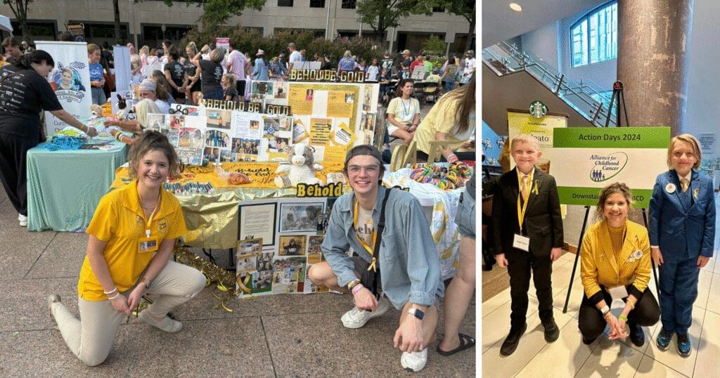 In the left image, two smiling young adults crouch by a display titled "Behold" at a crowded outdoor event. The right image shows a woman and two children posing indoors next to a sign for "Action Days 2024."