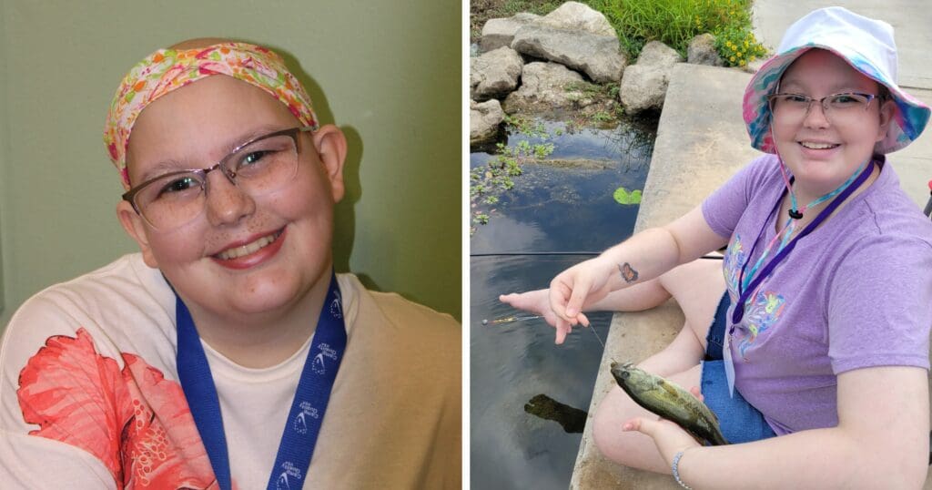 A smiling individual appears in two photos. On the left, they wear a floral headscarf and a lanyard, and on the right, a colorful hat, sitting by a pond holding a fish. The tone is joyful and relaxed.
