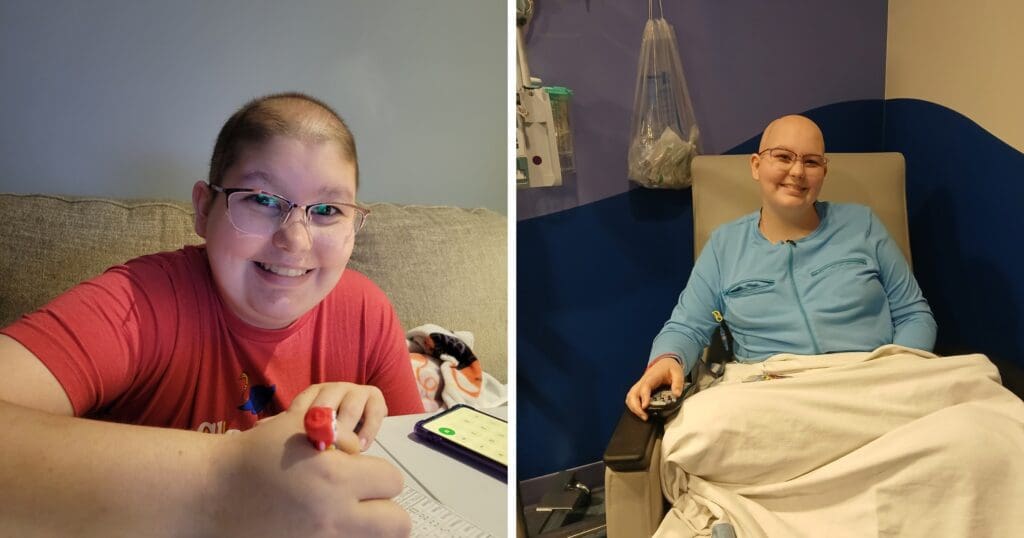 Two side-by-side images of a smiling person with short hair. On the left, wearing a red shirt while writing, and on the right, sitting in a hospital chair with blankets.