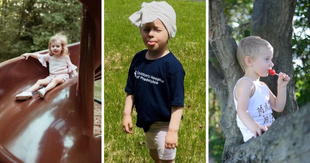 A collage of children outdoors: a girl smiling on a slide, the same girl with a playful tongue out wearing a shirt, and the same girl with a lollipop by a tree.