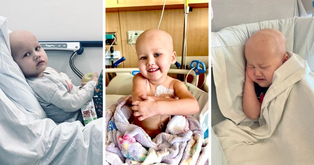 A collage of three images showing a young child with a bald head in a hospital setting. The child appears serious in the first image, smiling in the second, and resting with eyes closed in the third, wrapped in a blanket.