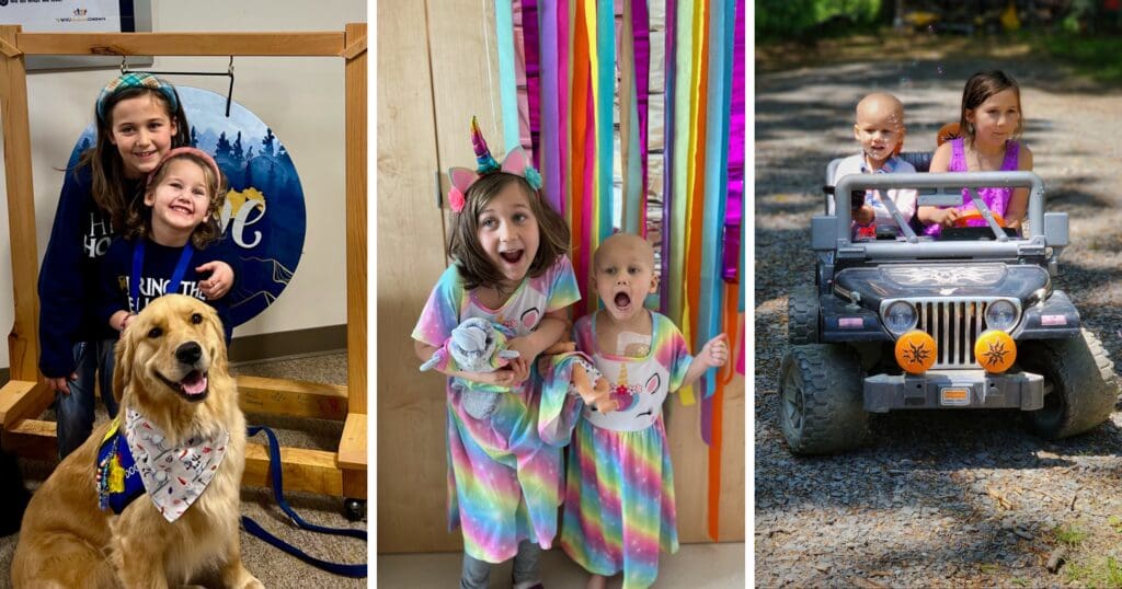 Two children smile with a golden retriever wearing a bandana. Same children wear colorful dresses with unicorn horns, standing excitedly. In the last image, same two kids ride a toy jeep on a gravel path.