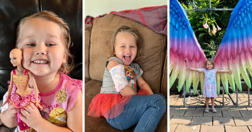 A joyful young girl appears in three photos: holding a doll with a shaved head, sitting on a couch in a colorful tutu, and standing with arms outstretched against vibrant rainbow wings.