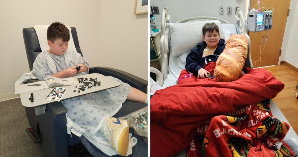 A young boy in a hospital gown sits on a recliner assembling LEGO on a tray in the first image. In the second, he's in a hospital bed, smiling, wrapped in a red blanket with an IV drip. The setting is calm and warm.