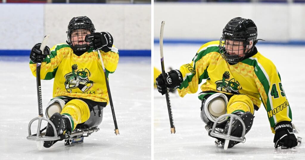 Two photos of a young athlete in a bright yellow and green uniform in a sled hockey match on ice, showcasing focus and determination.