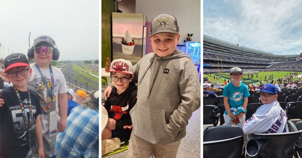 A collage of two boys enjoying events: on the left at a racetrack with headphones, center indoors in casual wear, and right at a sunny football game.
