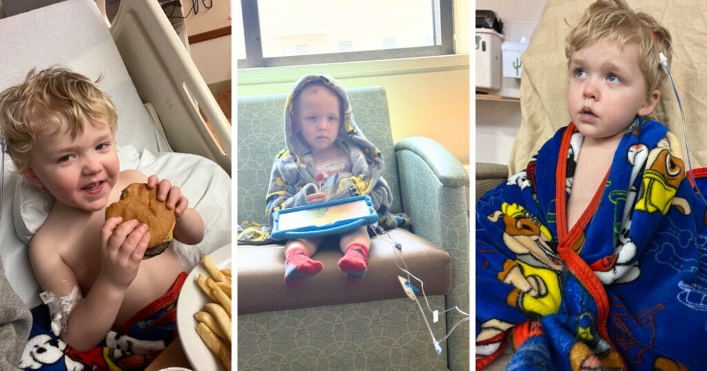 A young child in a hospital, smiling while holding a burger; the same child with a tablet, looking serious; and a third image of the same child wrapped in a colorful blanket.