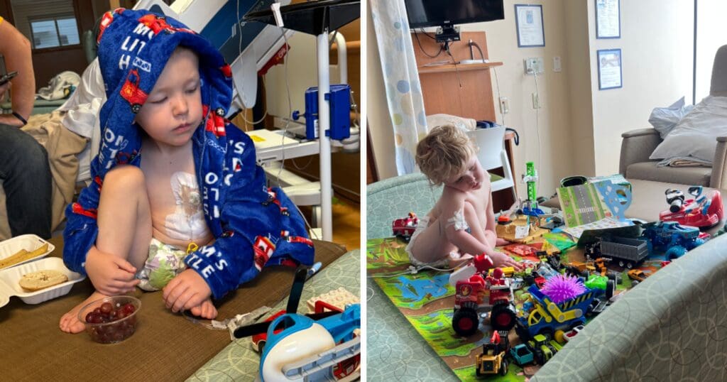 The image shows a child in a hospital setting. On the left, the child, wrapped in a blue robe, looks sleepy with medical tubes attached. On the right, the child is playing on a bed with many colorful toys, conveying a playful and hopeful mood despite the hospital environment.
