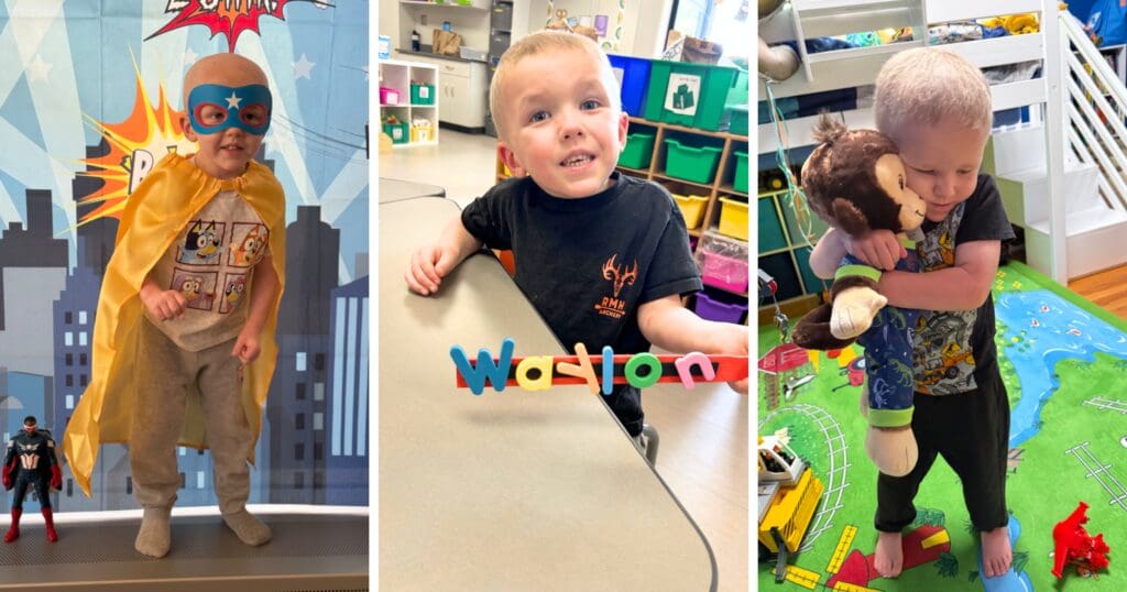 Three images of a young boy. Left: Dressed as a superhero with a cape and mask, smiling confidently. Center: Holding colorful letters spelling "Waylon" at a table. Right: Hugging a stuffed monkey, standing on a play mat with a joyful expression.