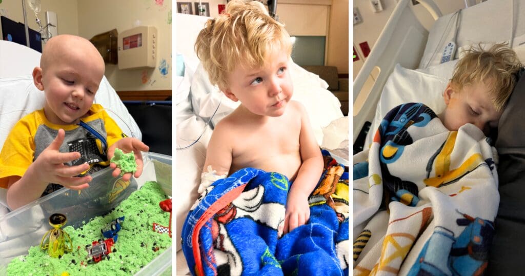 Three-panel image of a young child in a hospital. Left: Playing with kinetic sand, smiling. Center: Wrapped in a blue blanket, looking curious. Right: Sleeping peacefully under a colorful blanket.