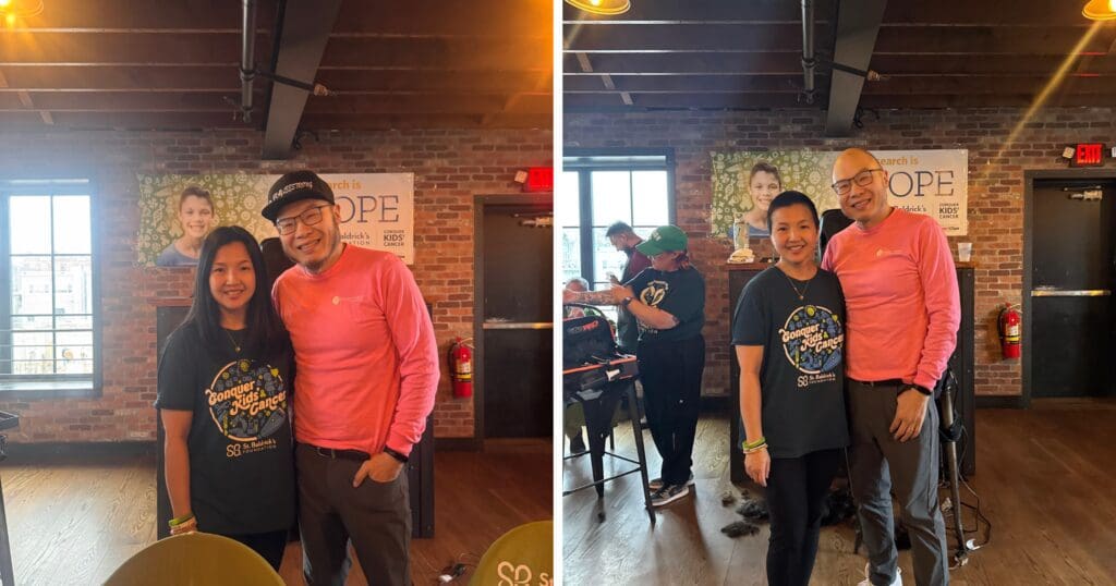 Two photos side by side show a man in a pink shirt and a woman in a black fundraising shirt, smiling indoors with exposed brick walls and event banners.