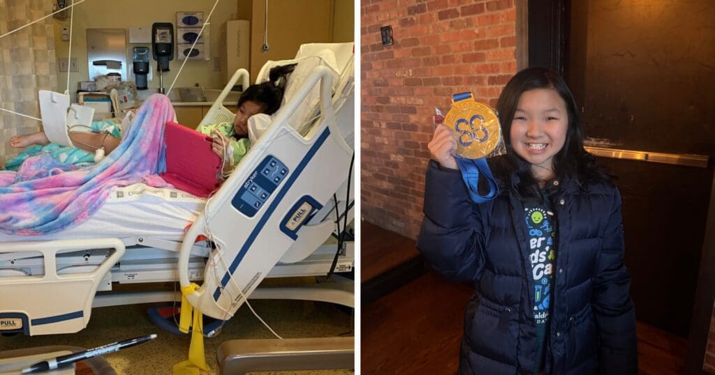 Left: A child in a hospital bed uses a tablet, wrapped in a colorful blanket. Right: The same girl, smiling and holding a large gold medal, standing against a brick wall.