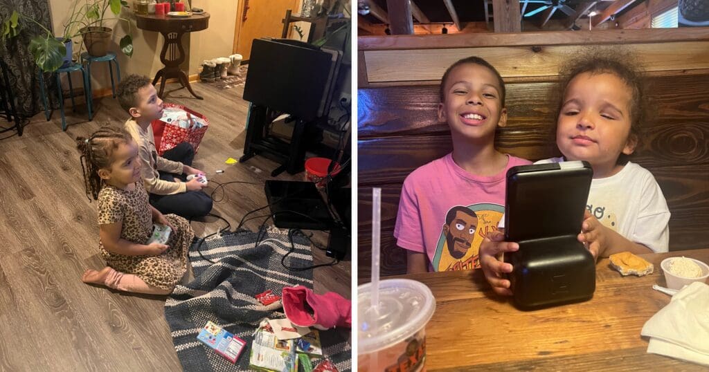 Left image: Two children, one in leopard print, play video games seated on a rug in a cozy living room. Right image: The same children sit in a restaurant booth, smiling, with a tablet and food on the wooden table.