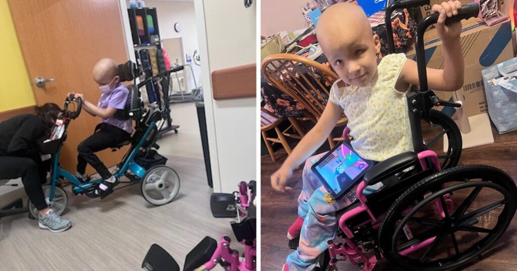 A child in a hospital setting uses a blue assistive device with a caregiver's support, and in another image, sits in a wheelchair with an attached tablet, smiling.