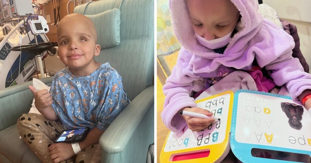 A child in a hospital gown and pants gives a thumbs-up while seated with a tablet. Next to this, the same child is writing in a colorful book, wearing a pink outfit and mask. The mood is hopeful and resilient.