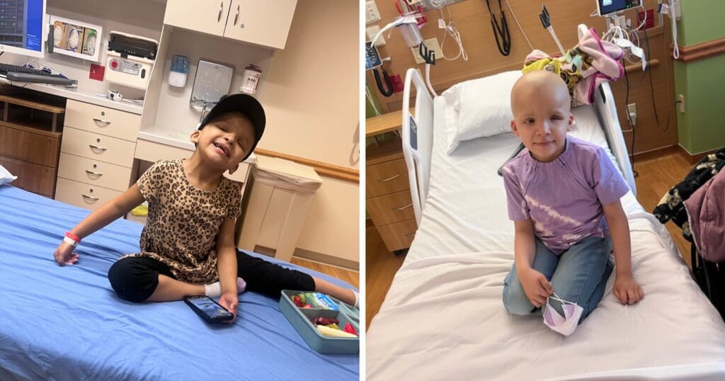 A split image shows two children in hospital rooms. On the left, a smiling child sits on a bed wearing a leopard print top and cap. On the right, the same child sits on a hospital bed wearing a purple shirt and jeans, smiling softly. Both convey resilience and warmth.