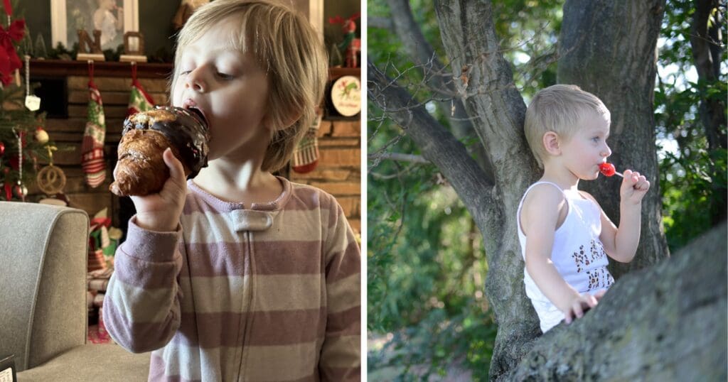 A child in pajamas enjoys a large chocolate-covered pastry indoors, and the same child sits in a tree outdoors, savoring a red lollipop.