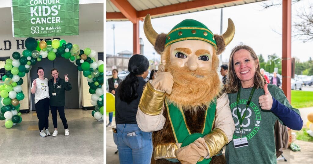 Two photos of a charity event. Left: Two people under a green balloon arch, smiling and gesturing peace signs. Right: A person with a Viking mascot, both giving thumbs up.