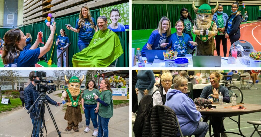 Four images depict a lively charity event. Top left: person getting a haircut for charity, smiling. Top right: volunteers with a mascot at an info table. Bottom left: mascot with TV crew. Bottom right: attendees chatting at a table.